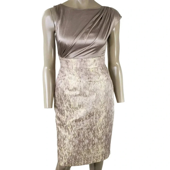 Maggy London Silk Blend Formal Asymmetrical Pencil Dress Size 4 Metallic Gold - Picture 1 of 15